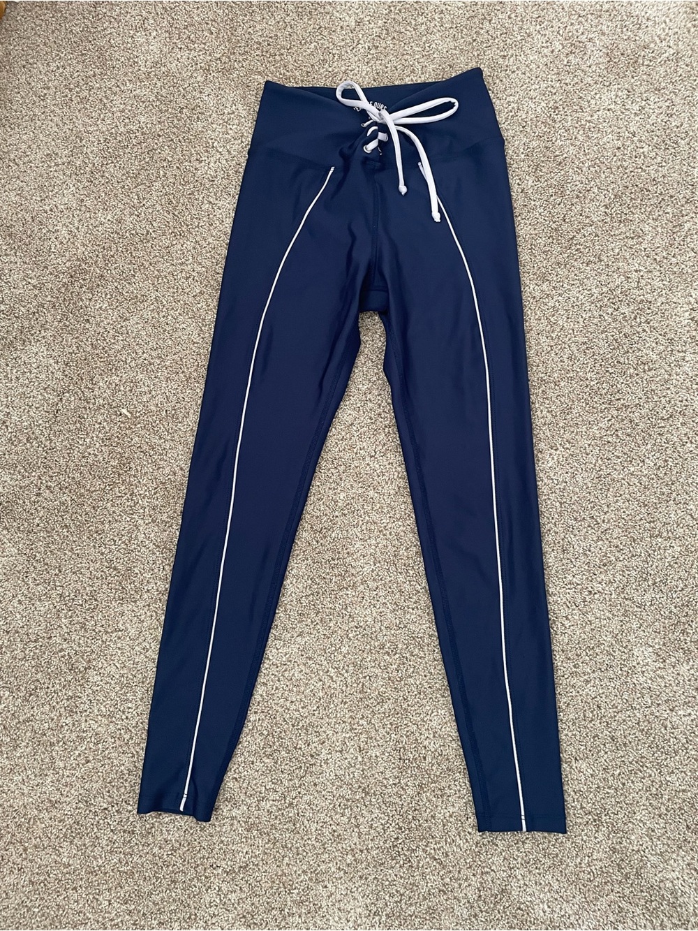 Year of Ours Navy Leggings with White Piping and Drawstring